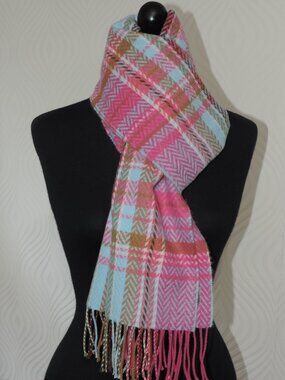 Scarf SOFTER THAN CASHMERE? D&Y Plaid Pink Blue Green Brown 12" x 64" + Fringe